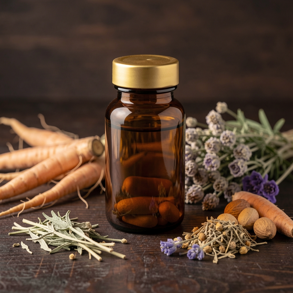 Amber-kolorowa butelka suplementu Lazenko Adaptogen na ciemnym drewnianym blacie z korzeniami i ziołami adaptogennymi w tle